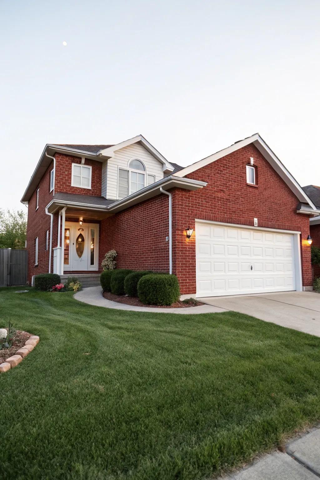 An ivory garage door provides a refreshing and inviting contrast to red brick.