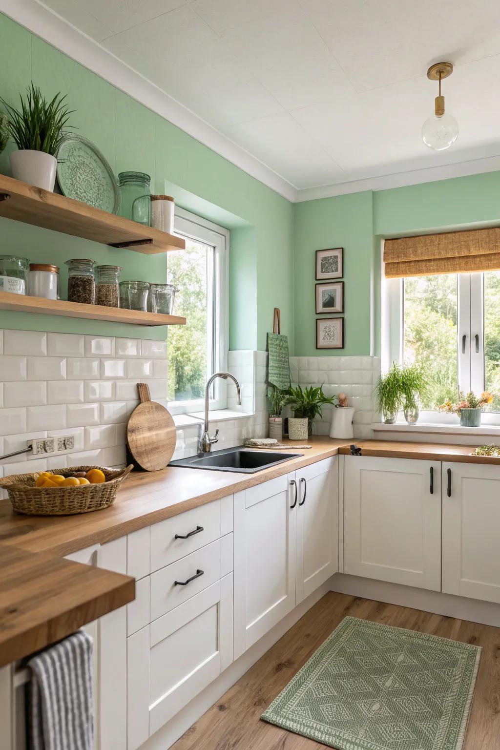 A fresh and airy kitchen with mint green walls.