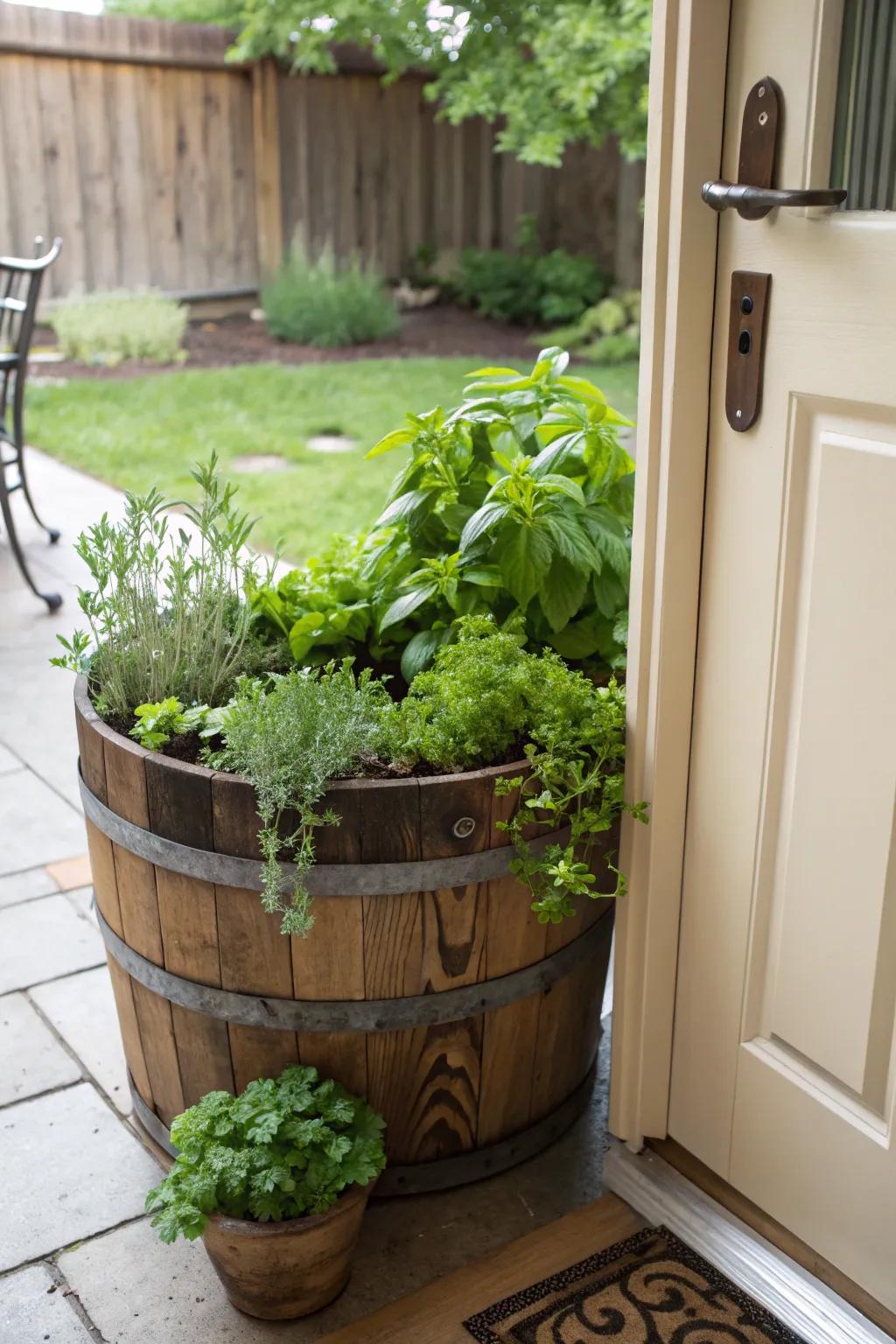 A whiskey barrel herb garden allowing fresh flavors right at your fingertips.