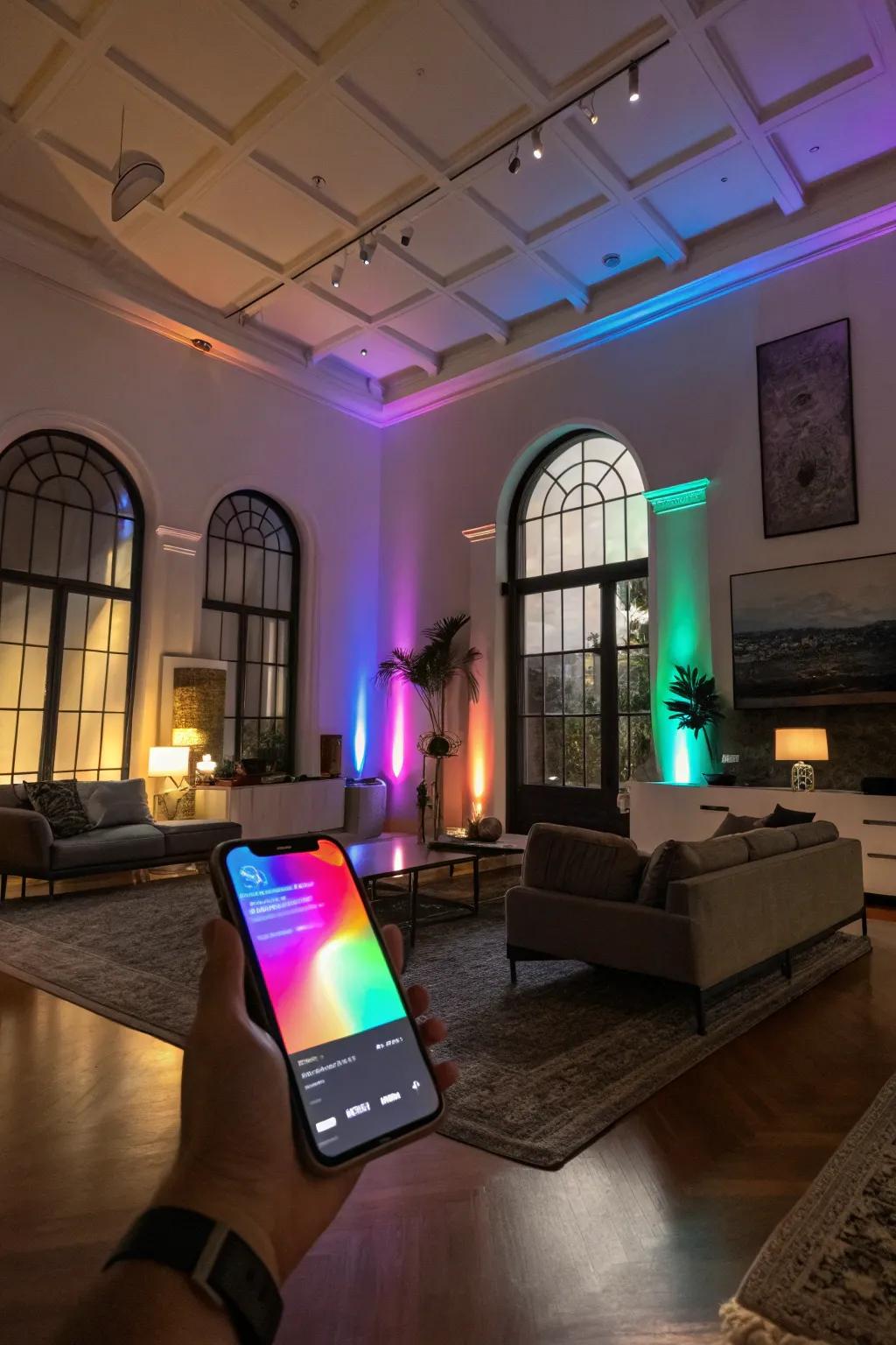 Intelligent lighting revamps a living room, accentuating design features using dynamic color changes.
