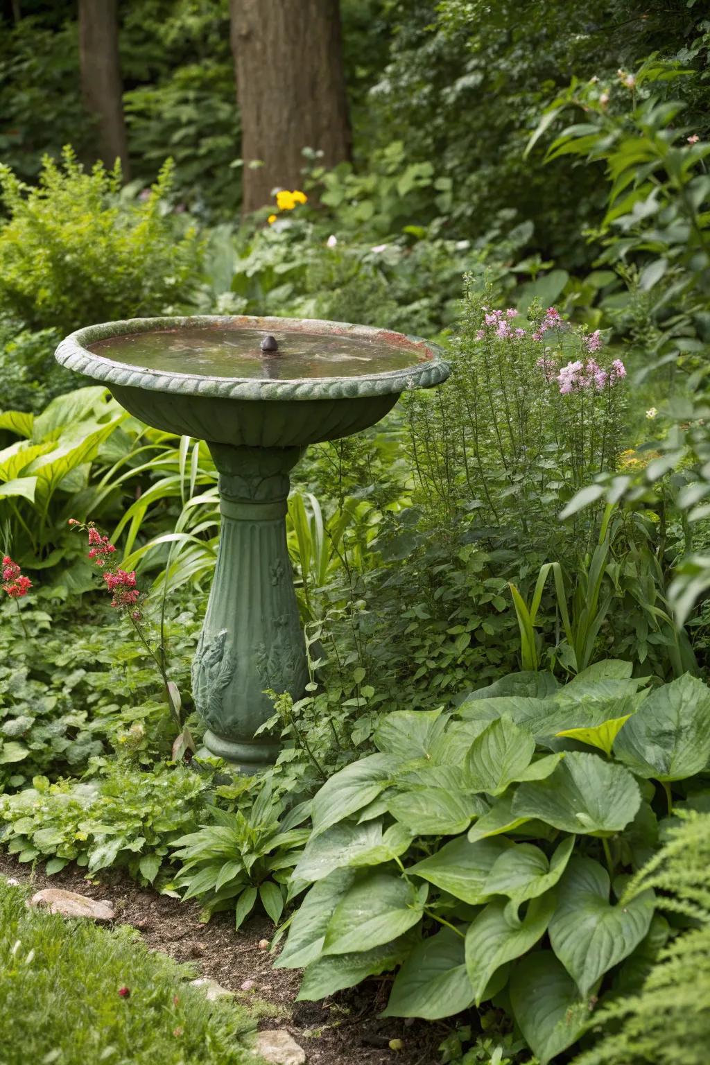A green bird spa hidden among greenery, offering a natural and inviting spot for birds.