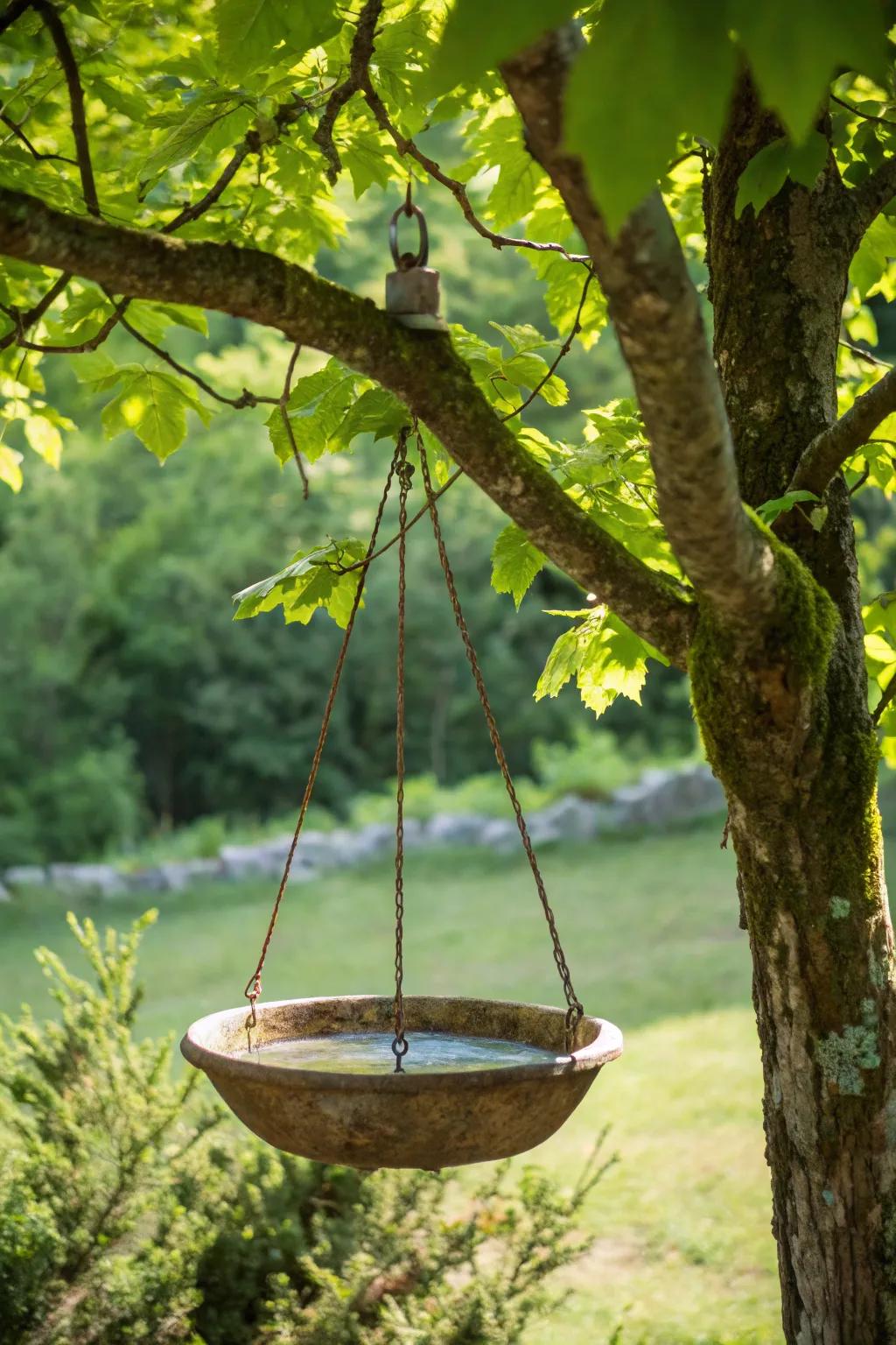 A hanging bird bath presents a distinctive, space-efficient alternative.
