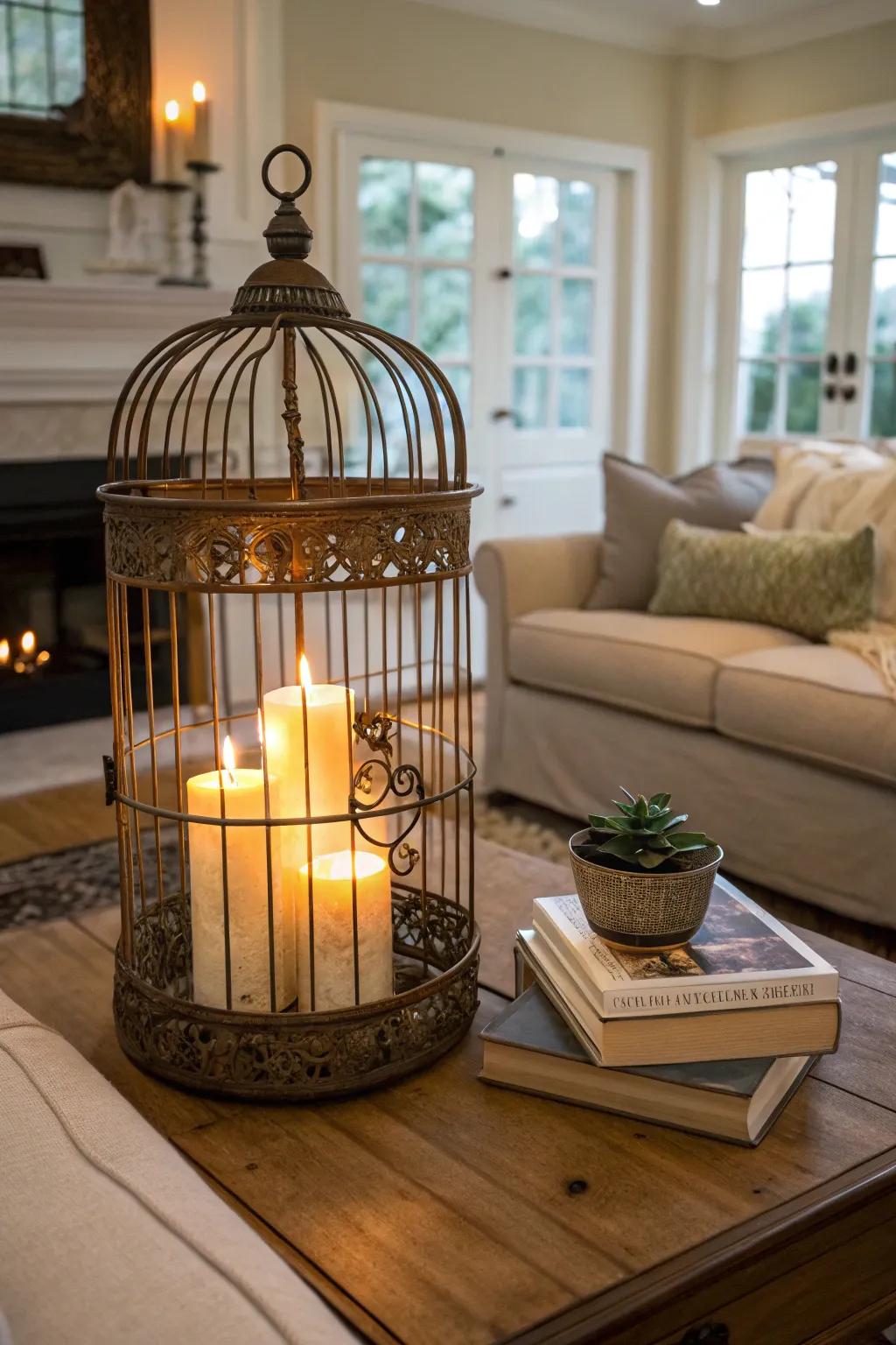 A bird cage fashioned into an intimate candle-lit centerpiece.
