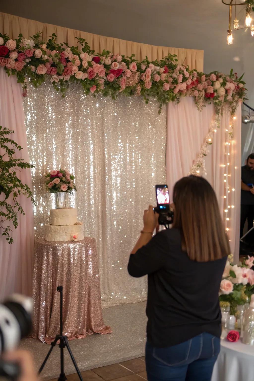 A lovely sequin and flower backdrop is ideal for party photos.