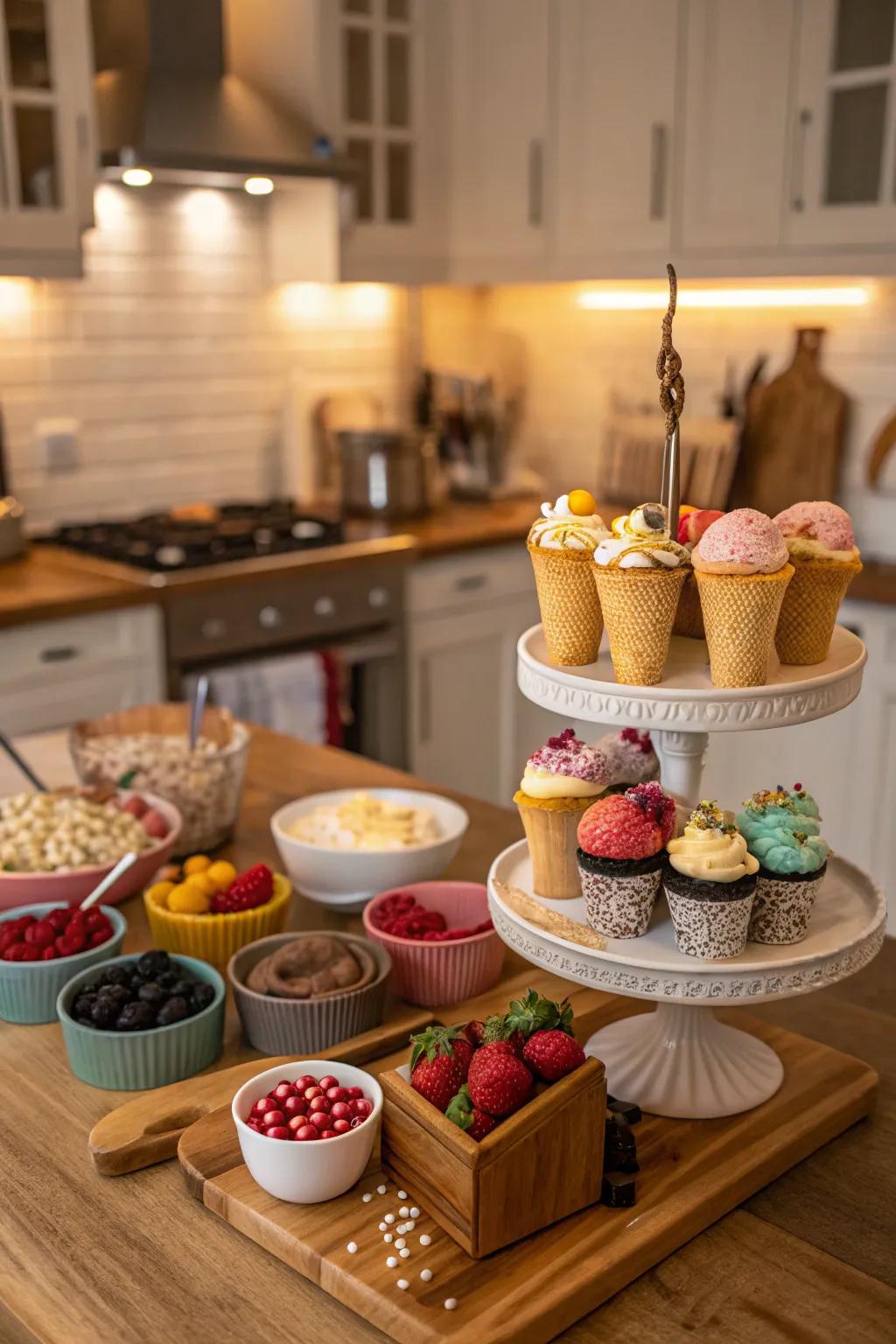 A DIY dessert station encourages visitors to devise their own sweet masterpieces.