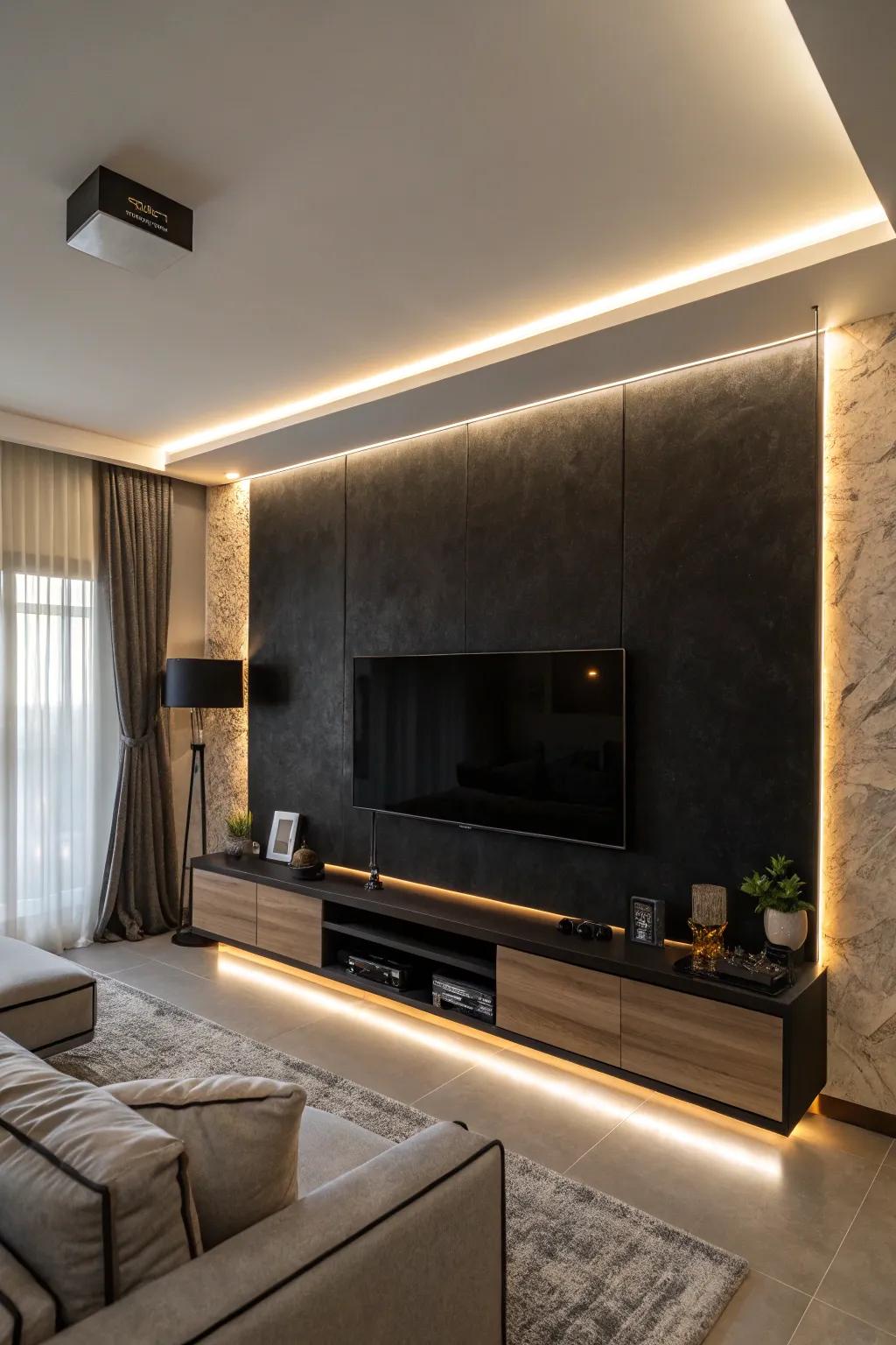 Ambient lighting amplifies the visual attraction of a black accent wall.
