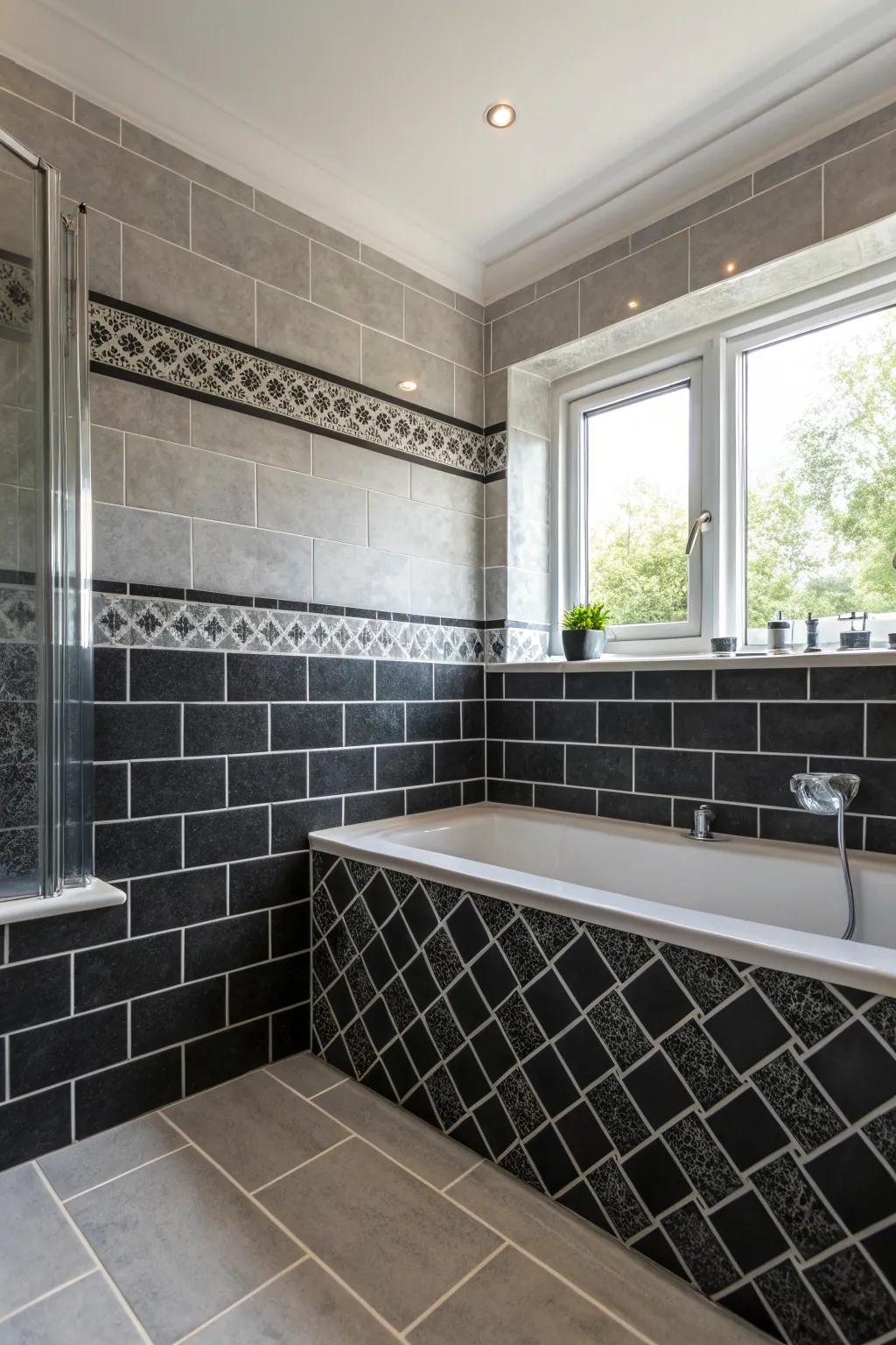A bathroom design that showcases harmonizing black and grey floor coverings, creating a vibrant aesthetic.