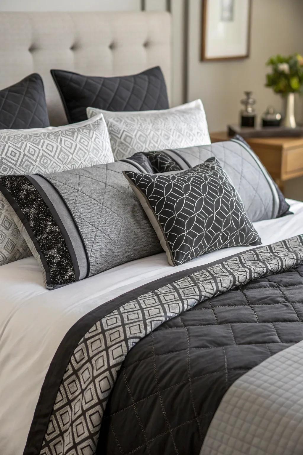 Two-tone bedding in onyx and gray creating a matched look.