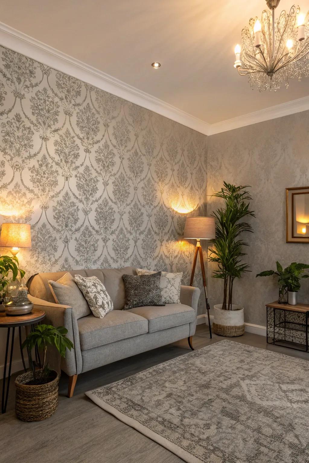A room featuring textured grey wallpaper, adding warmth and visual interest.