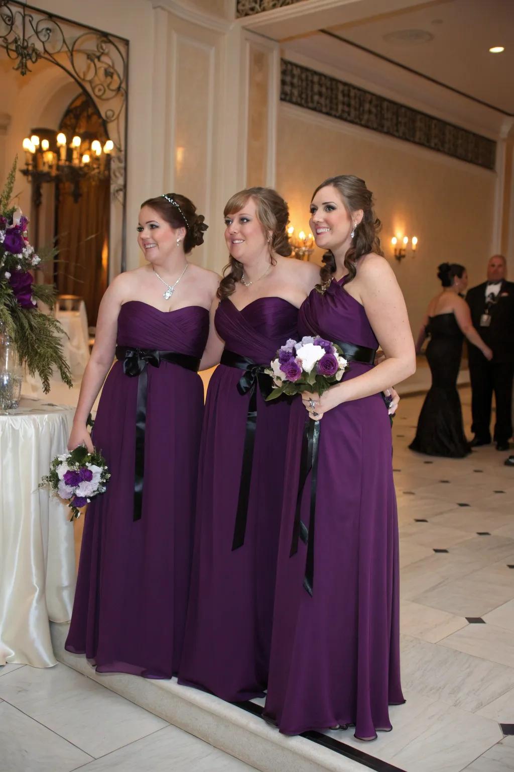 Bridesmaids adorned in deep violet gowns with ebony sashes.