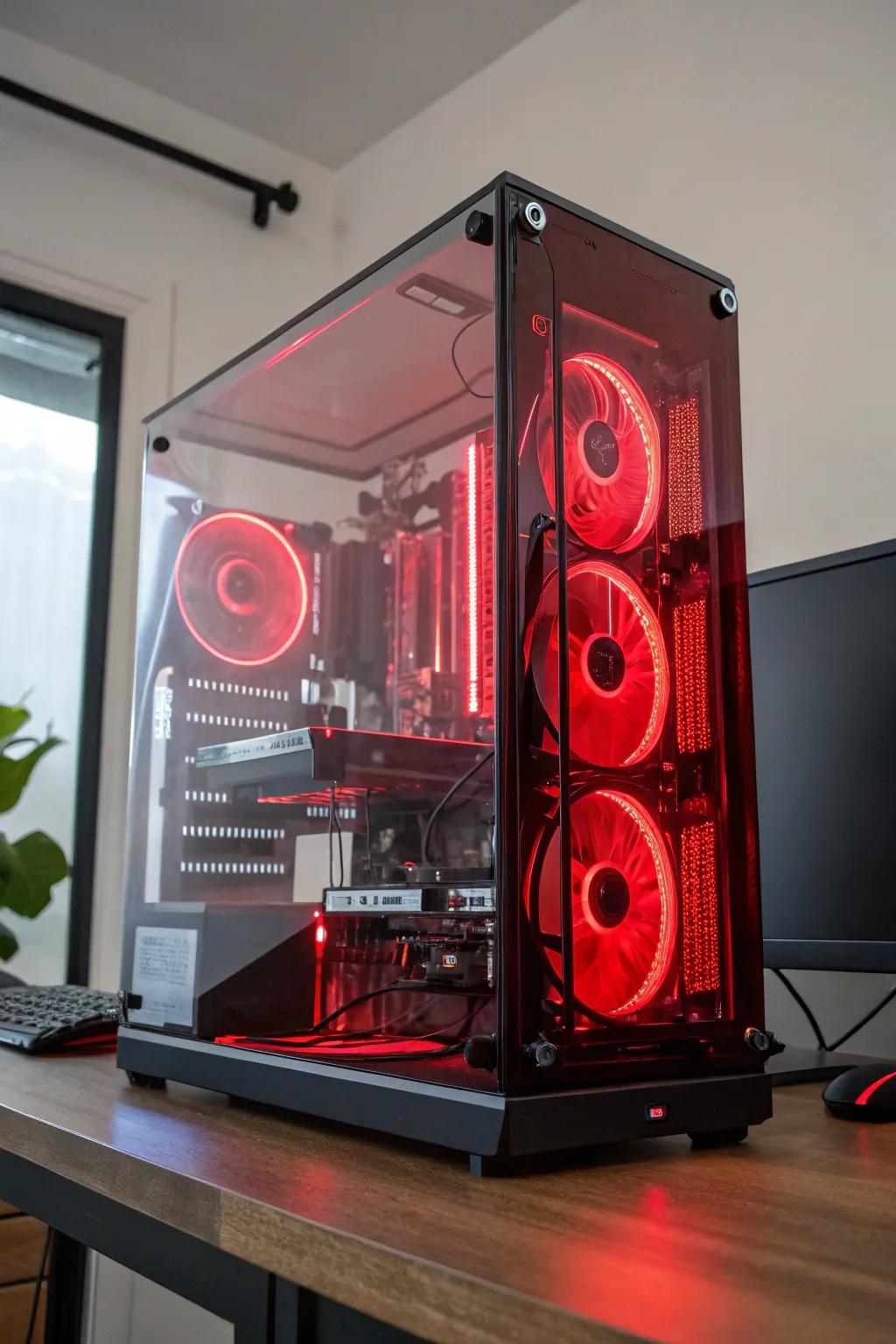 A custom-built gaming PC glows with crimson details, displaying its internal hardware.