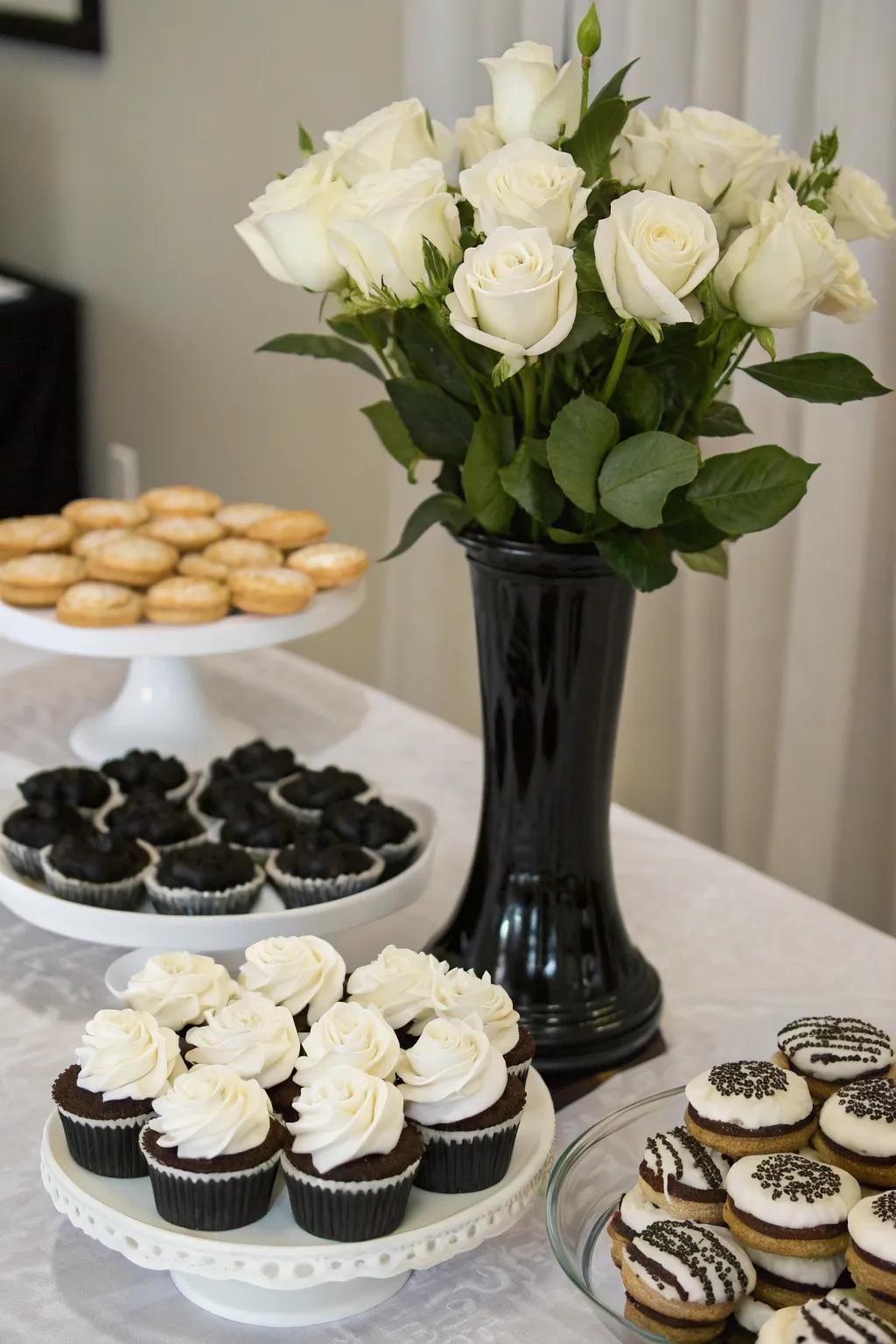 A tempting selection of monochrome treats complemented by elegant floral decorations.