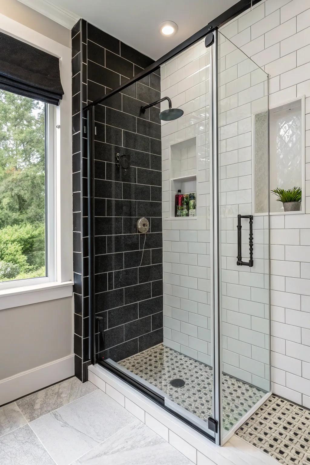 An ebony tile accent wall imparts drama and dimension to this shower space.
