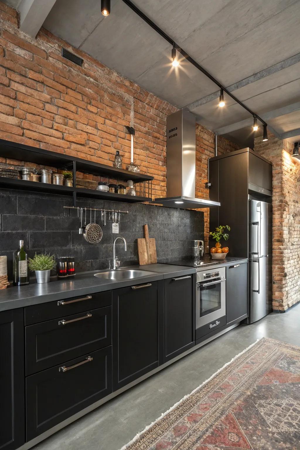 A factory-inspired elegant cooking space where a dark backsplash complements urban design elements.