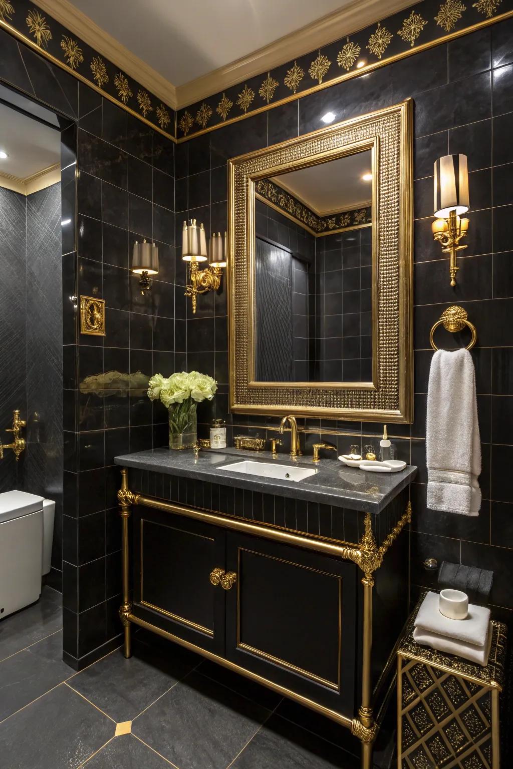 Gilded features heighten the sensation of opulence within a black bathroom environment.