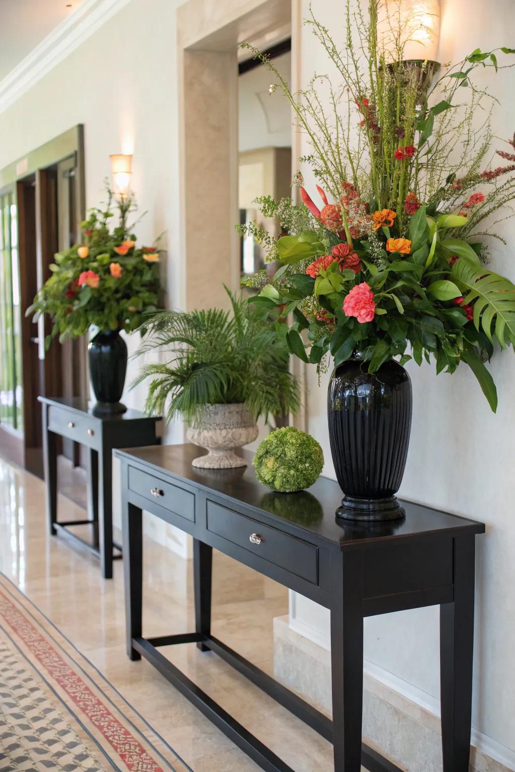 Plants on a console table introduce a natural and vibrant accent.
