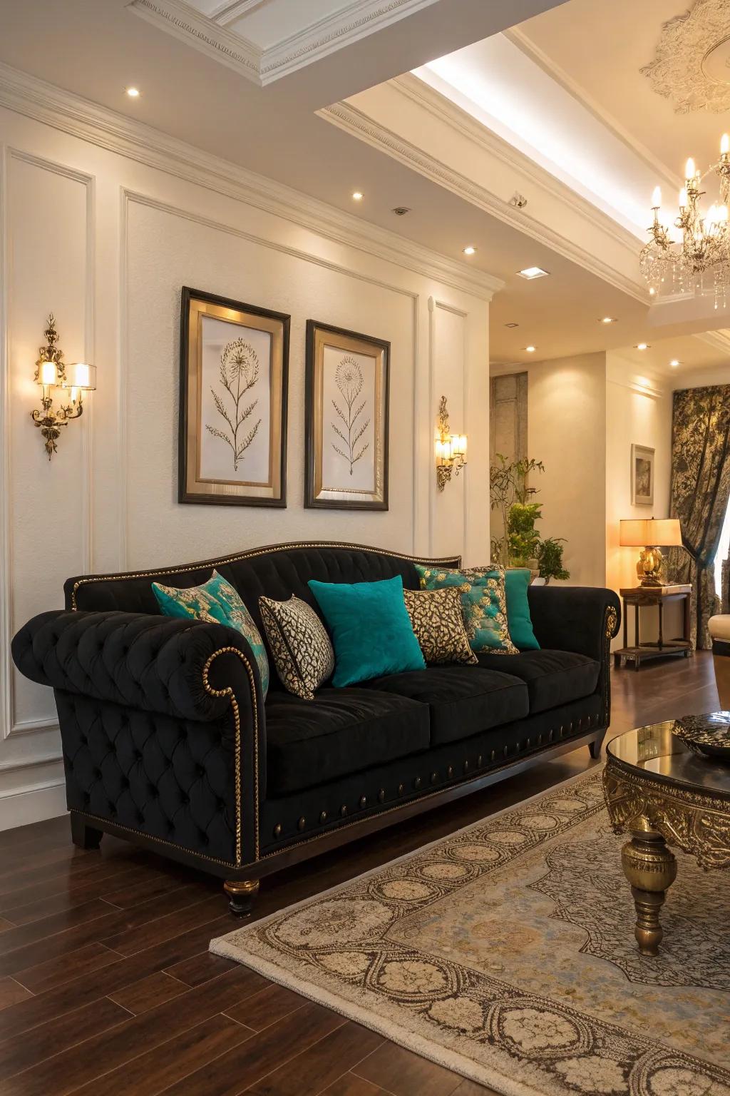 Lush vibrant tones enrich the look of a dark-colored sofa.