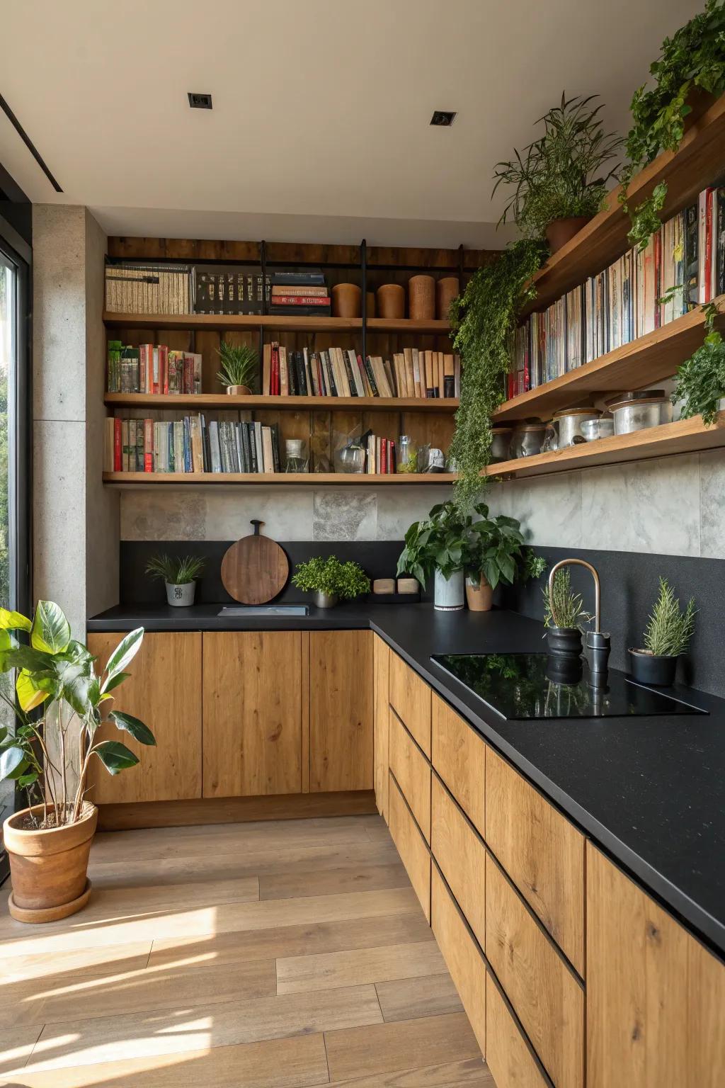 Timber elements infusing warmth into a kitchen featuring dark countertops.