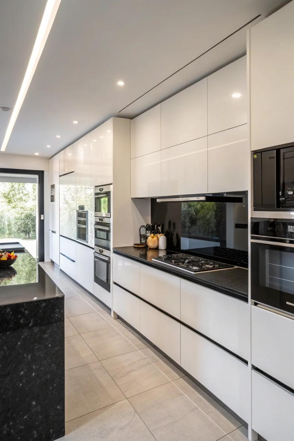 Integrated wares coupled with ebony worktops for a streamlined aesthetic.