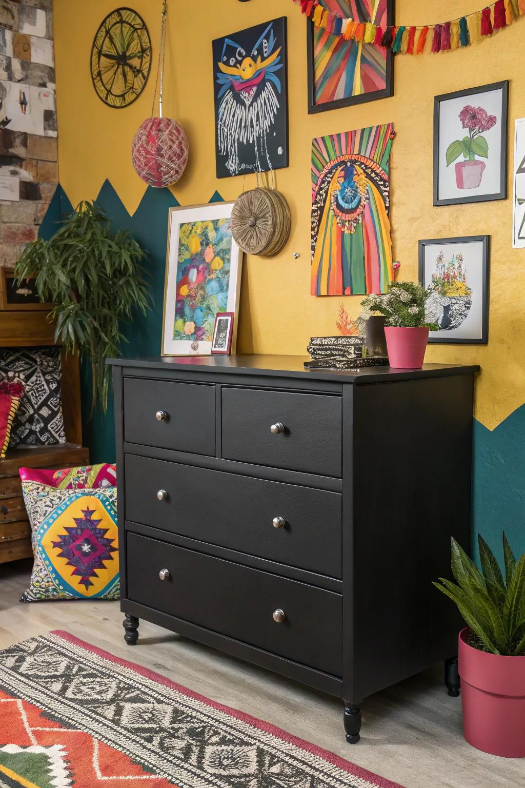 A black dresser enhancing striking hues in a vibrant room setting.