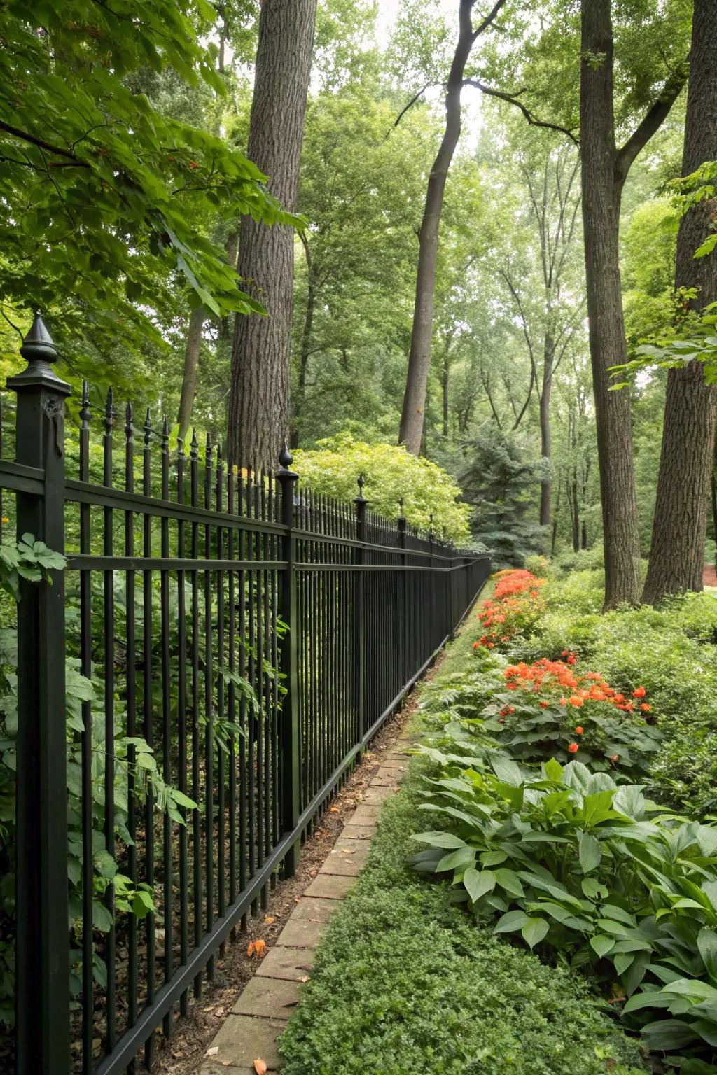 The striking juxtaposition of a dark fence against flourishing greenery.