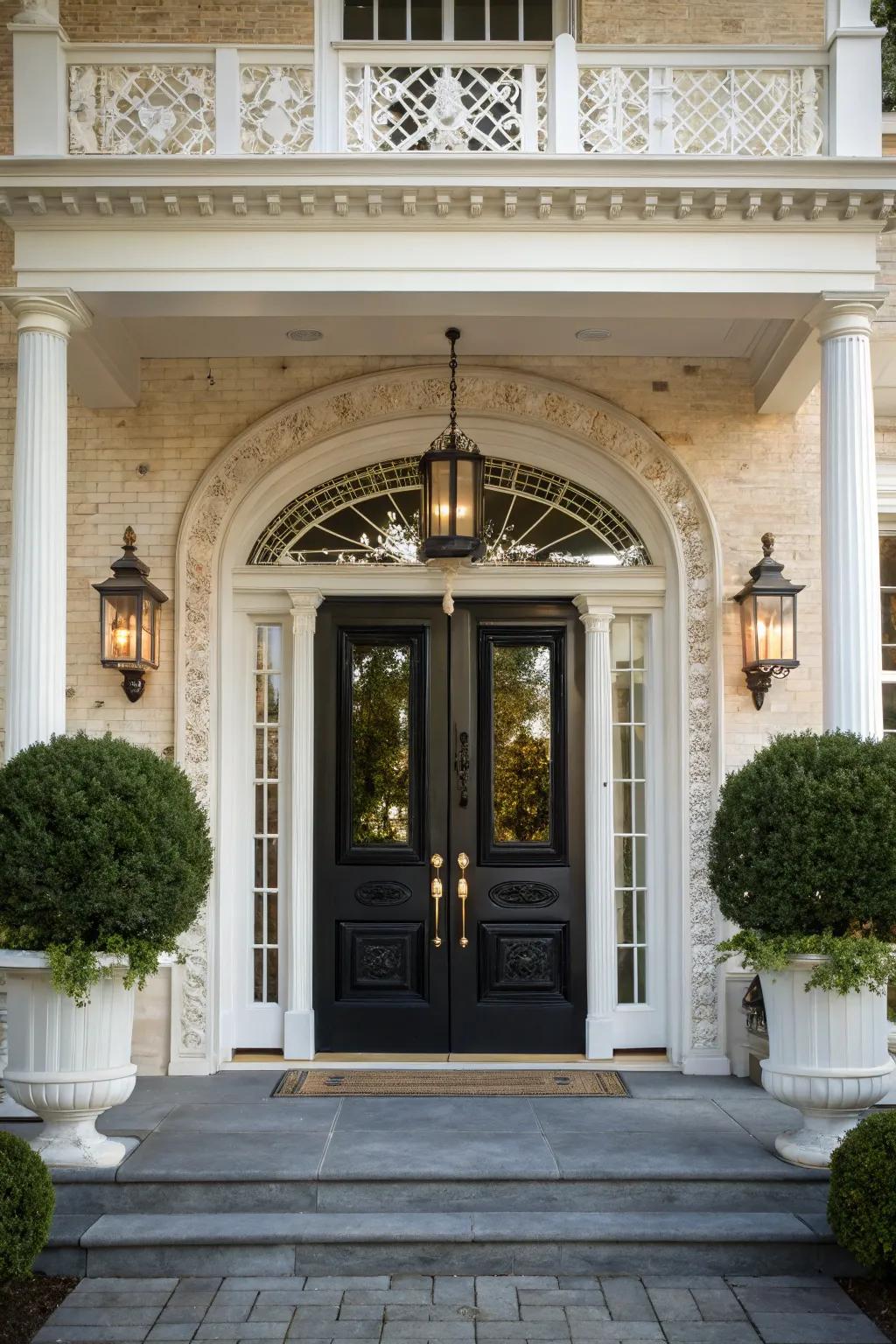 Double doors framed in white trim establish a welcoming and balanced entrance.