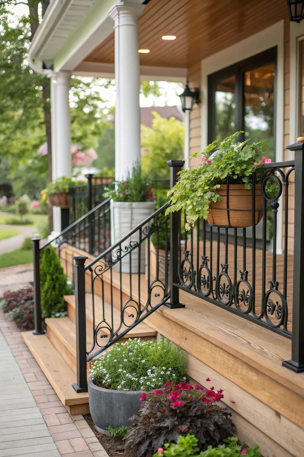 The comfort of wood combined with black metal creates an inviting porch ambiance.