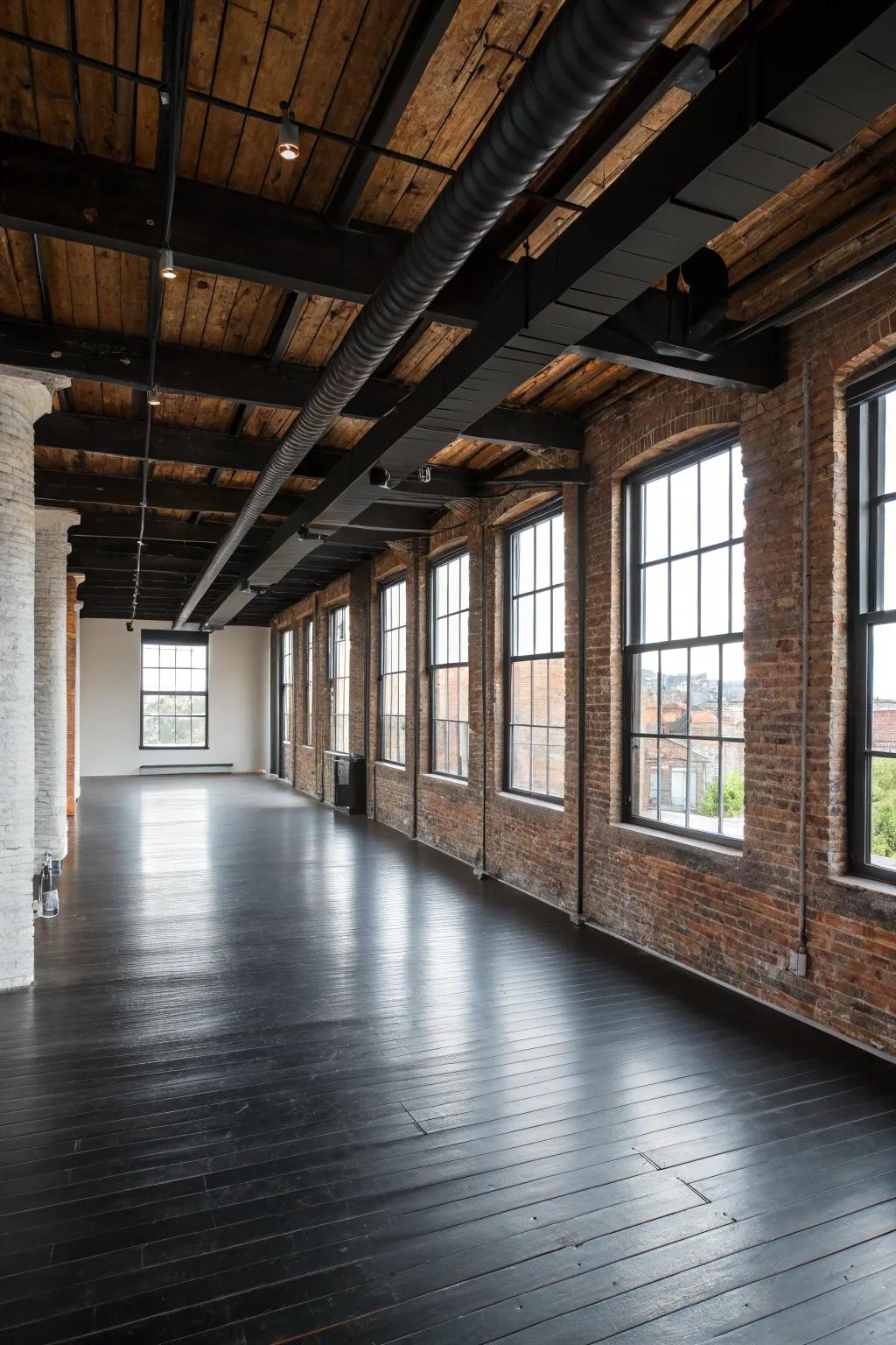 Industrial loft featuring chic dark hardwood floors.