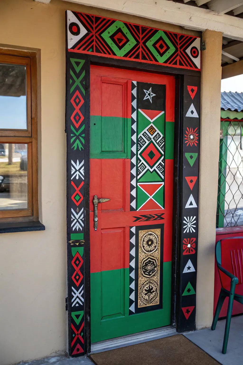A door design employing Pan-African shades and designs to honor cultural history.