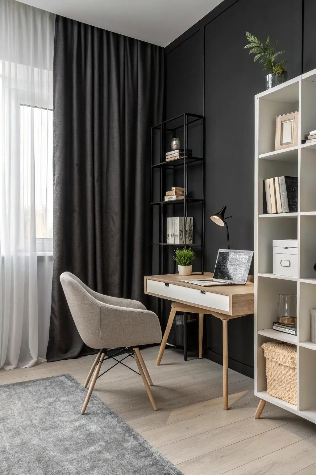 Simple furniture amplifies the sophistication of a black-themed workspace.
