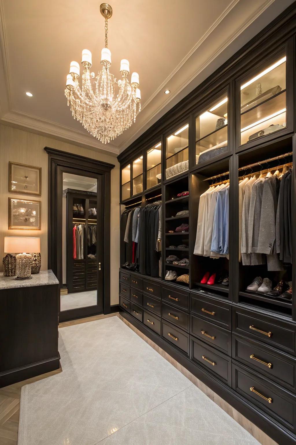 A pendant adds a touch of luxury to this brightly lit walk-in closet.