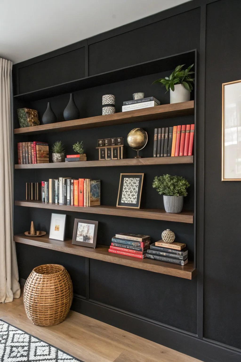 Integrated display solutions on a dark wall.