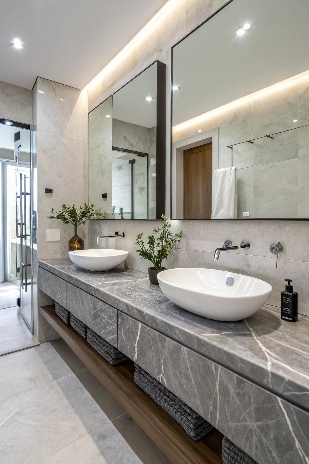 Sophisticated grey stone accents enhance the luxury and refinement of this bathroom space.
