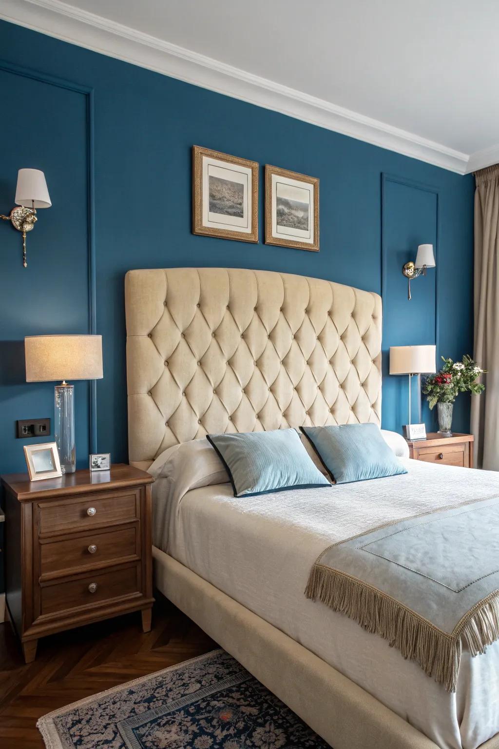 A sandstone bed frame presents beautifully against azure walls.