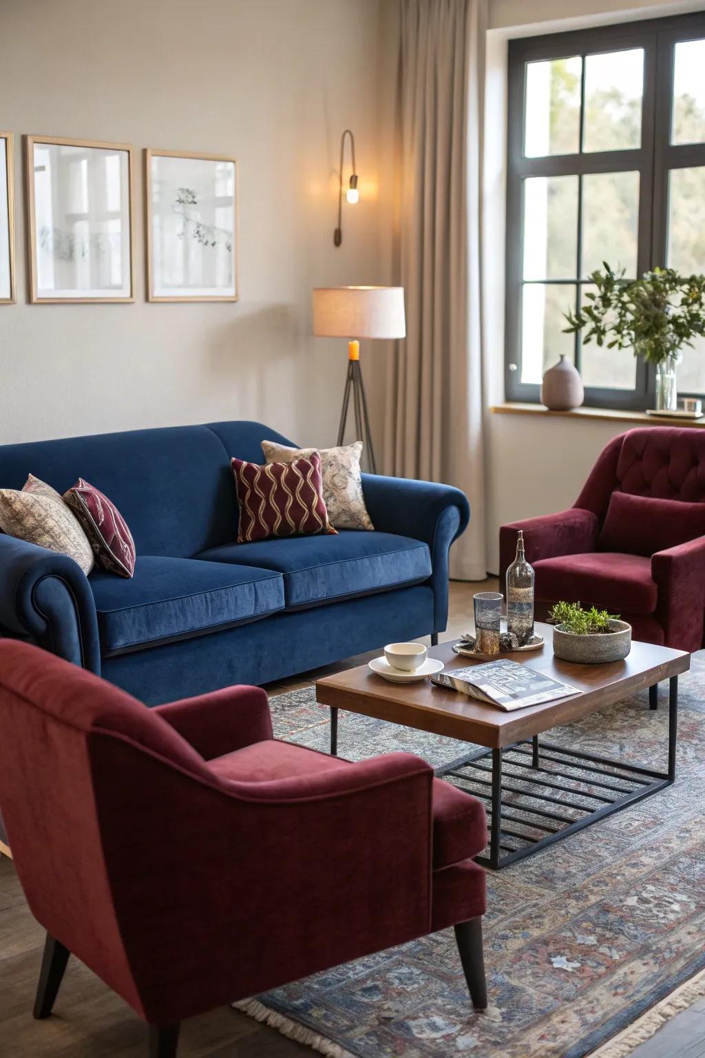 Seating in rich azure and crimson fashions a balanced and stylish core element.