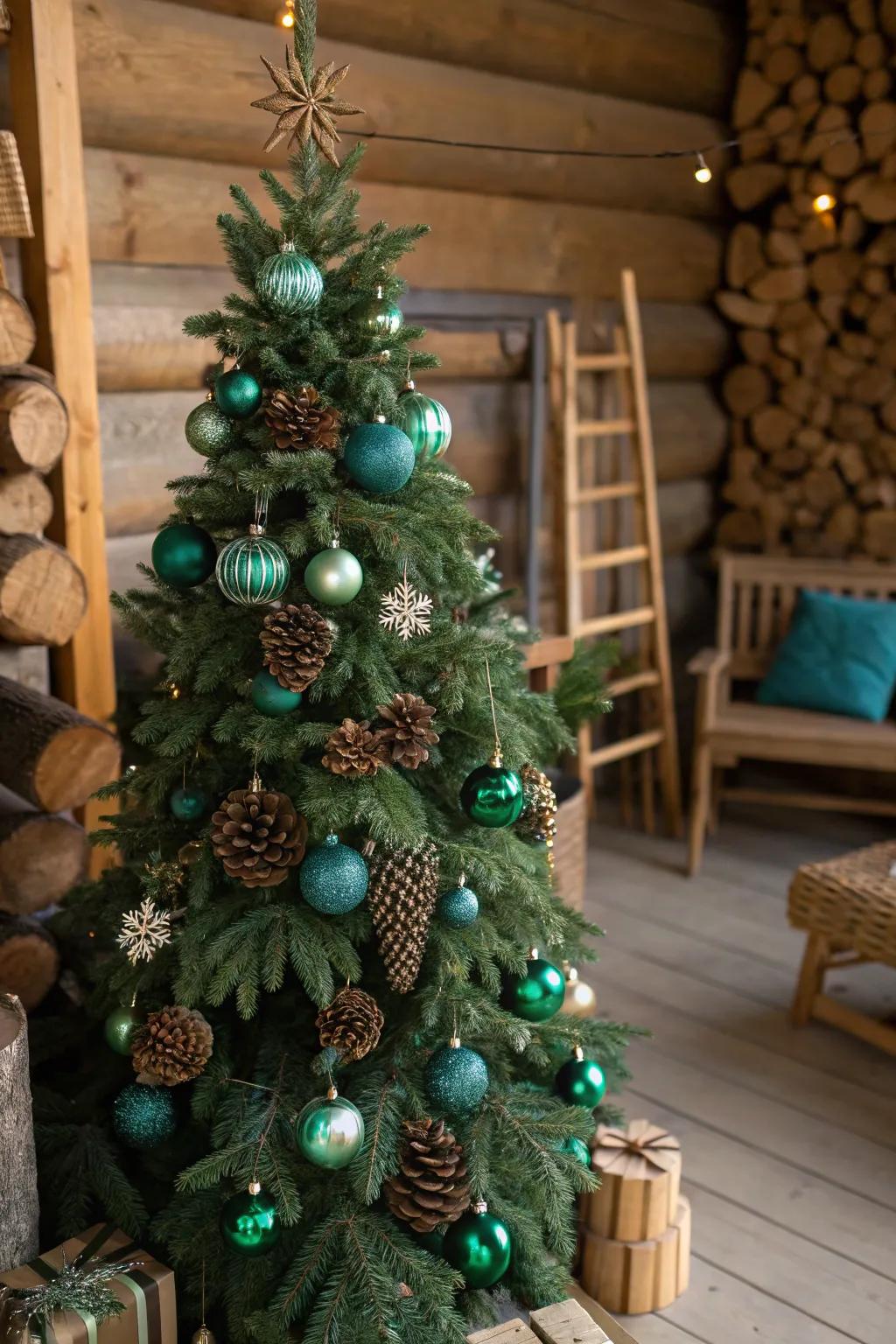 A Christmas tree inspired by nature, featuring forest green and teal ornaments for a luxurious, rustic aesthetic.