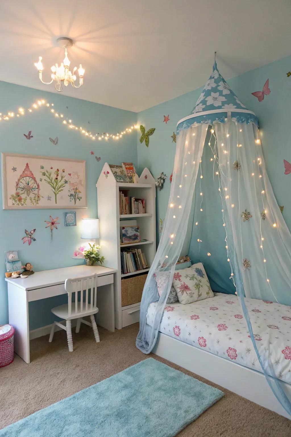Creative themes provide a magical element to a blue bedroom.