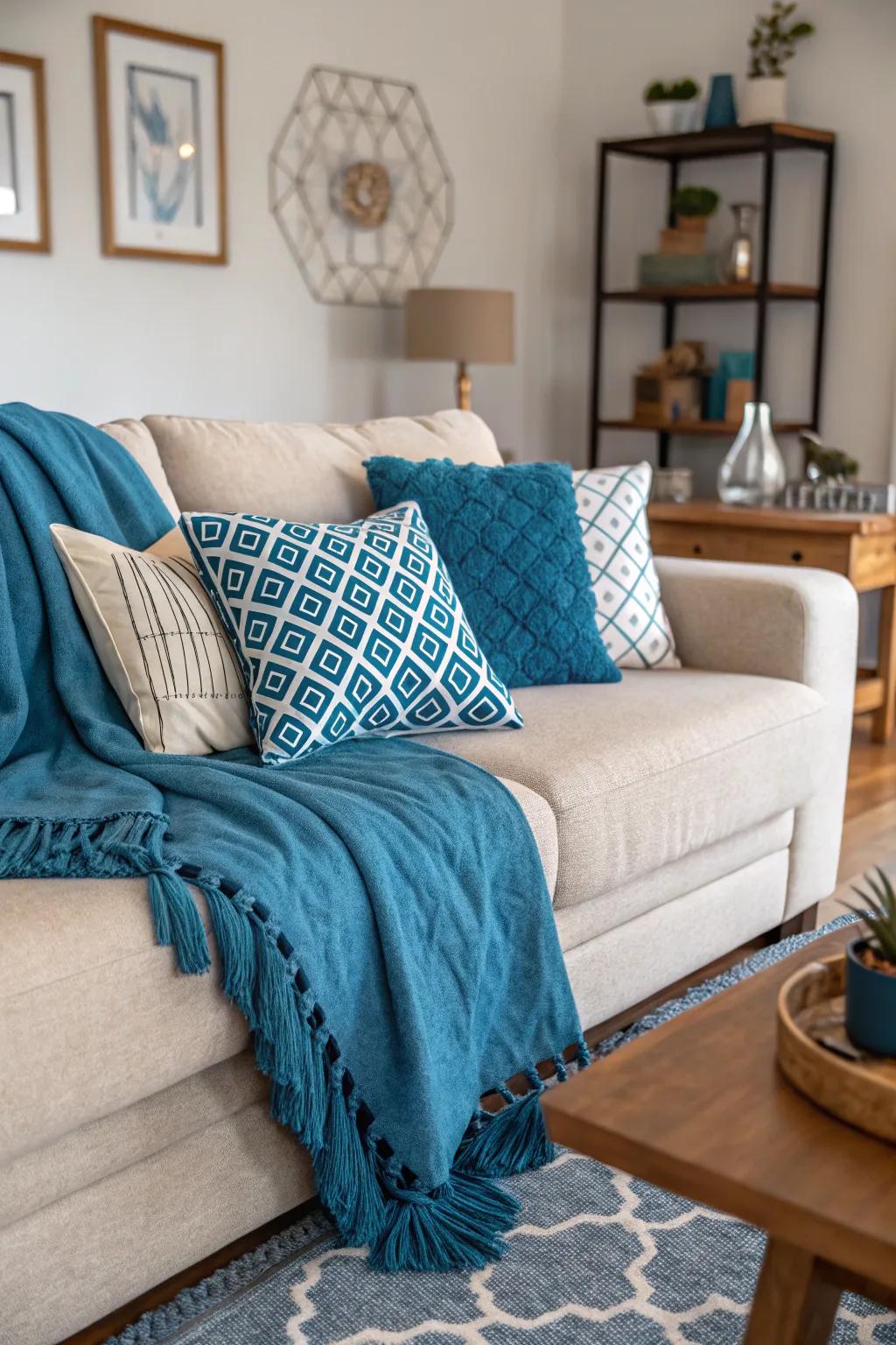 Azure scatter cushions infuse a comforting and celebratory sensation to your dwelling space.