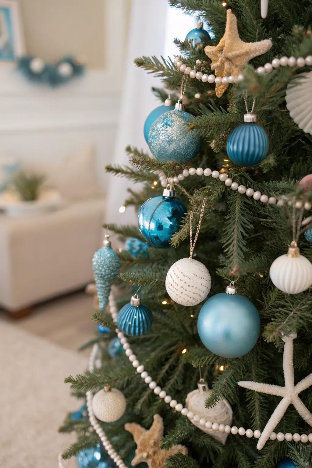 A seaside azure reverie Christmas tree with coastal components.