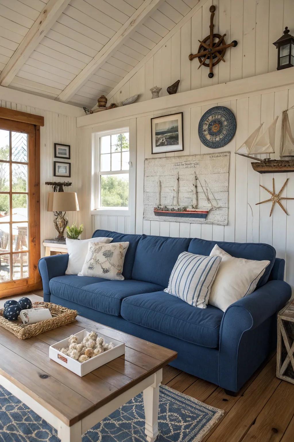 A beach-inspired living room features a sapphire sofa with coastal-themed decor.
