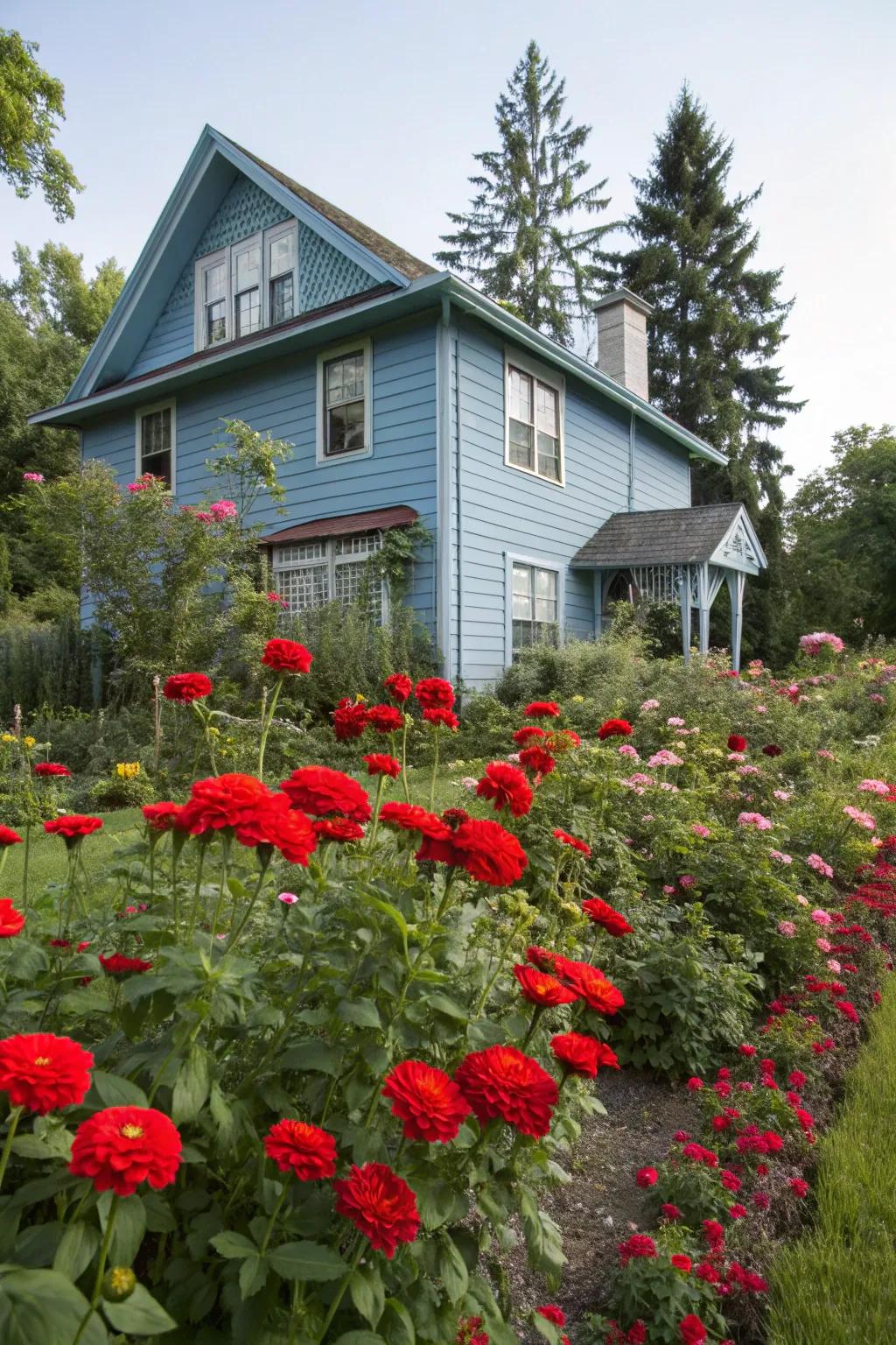 Scarlet blooms offer a daring contrast to a blue facade.