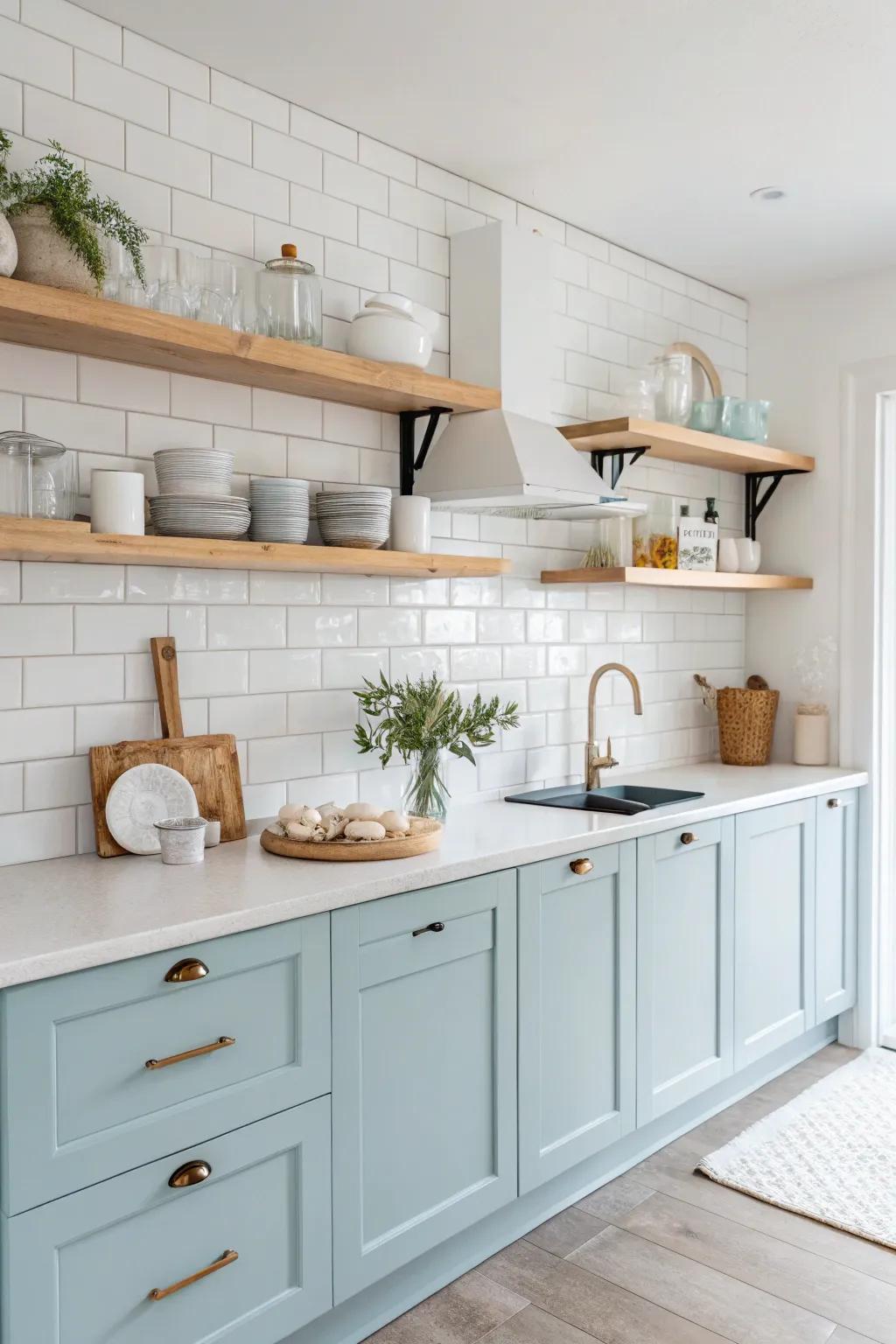 Pastel blue cabinetry offers a tender and dreamy charm that is both pacifying and fashionable.
