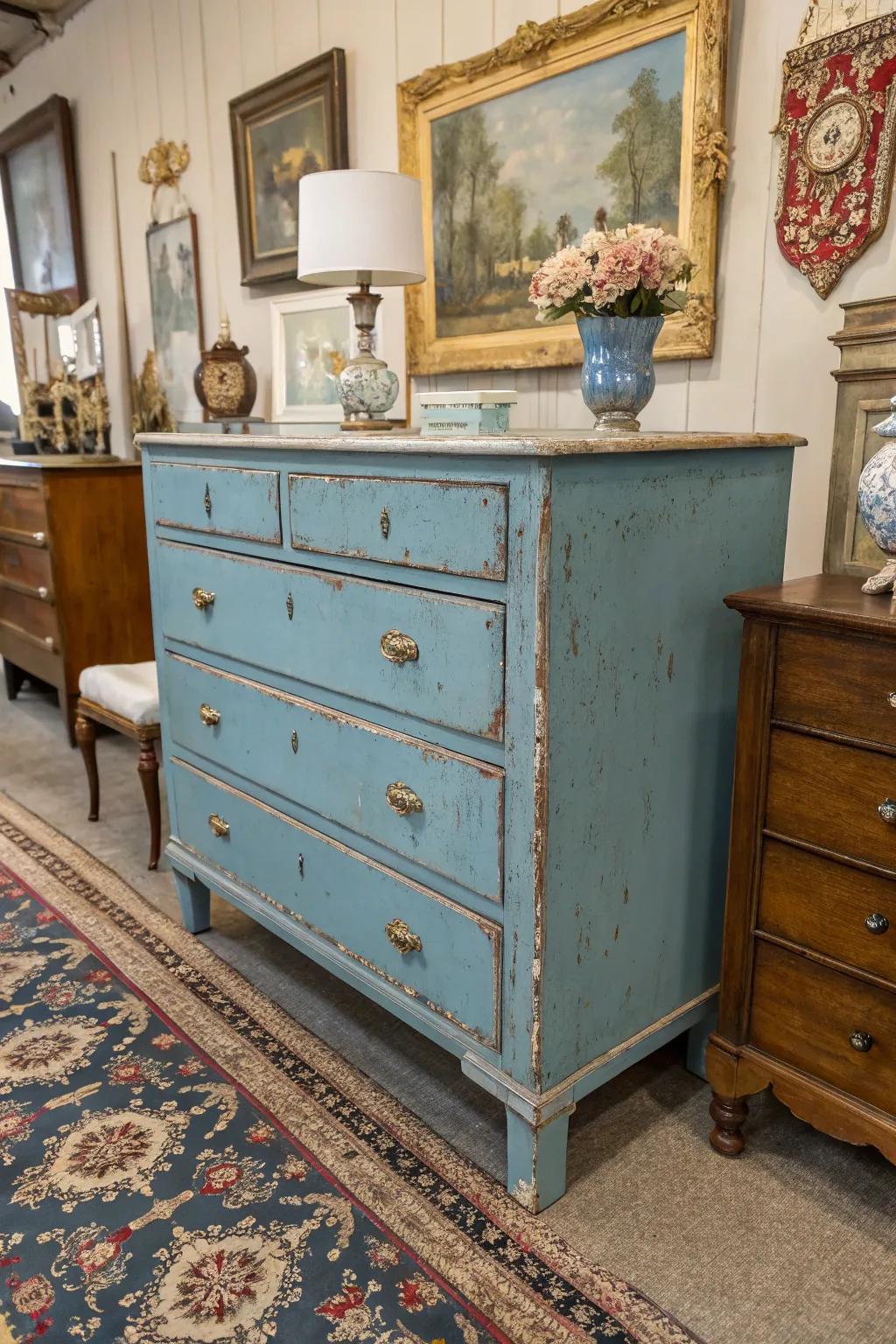 A vintage blue dresser featuring distressed elements to achieve an antique appearance.