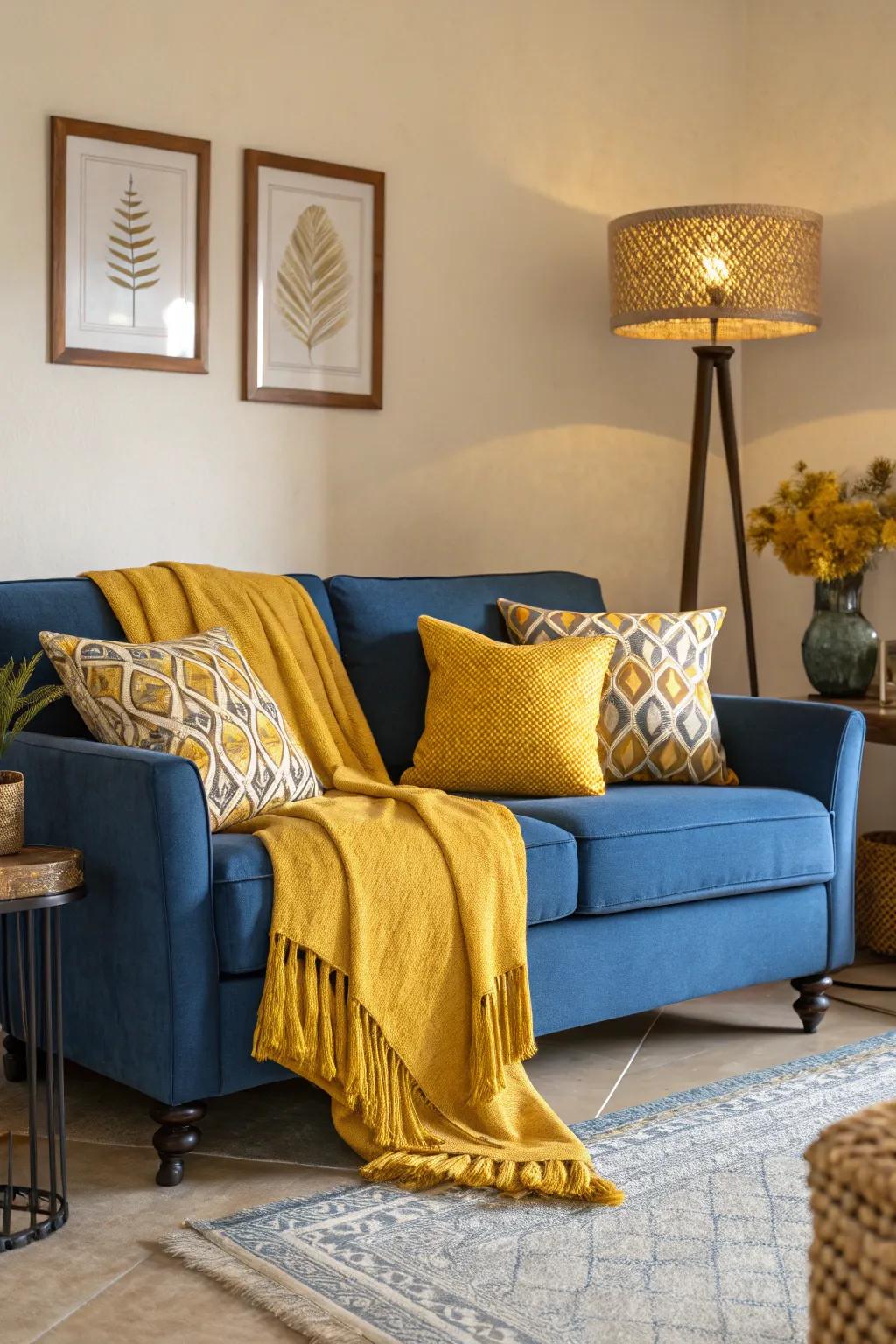 A splash of golden yellow can highlight the sapphire loveseat's charm.