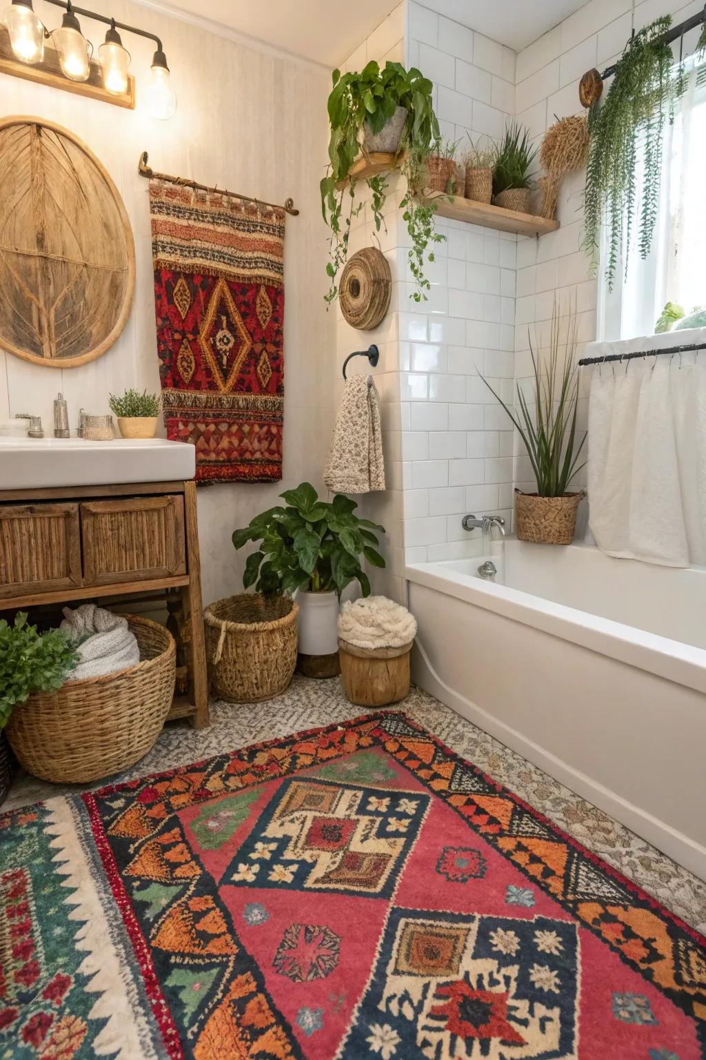 A comforting bohemian bathroom featuring a lively vintage rug.