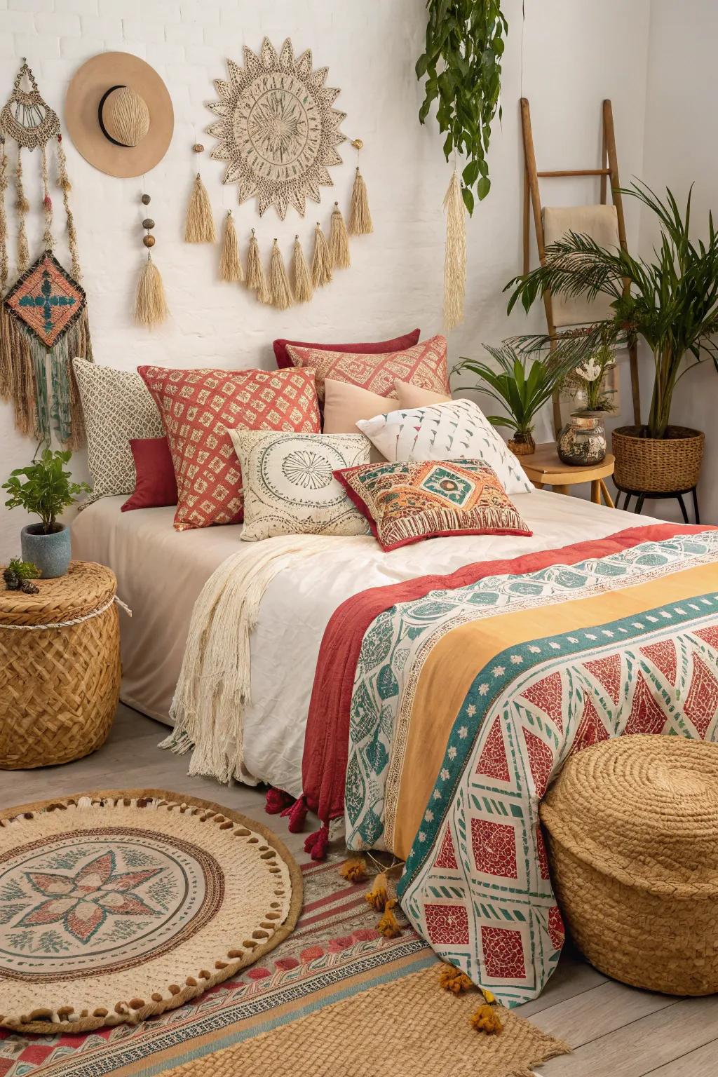 Designs introduce a lively charm to bohemian bedding.