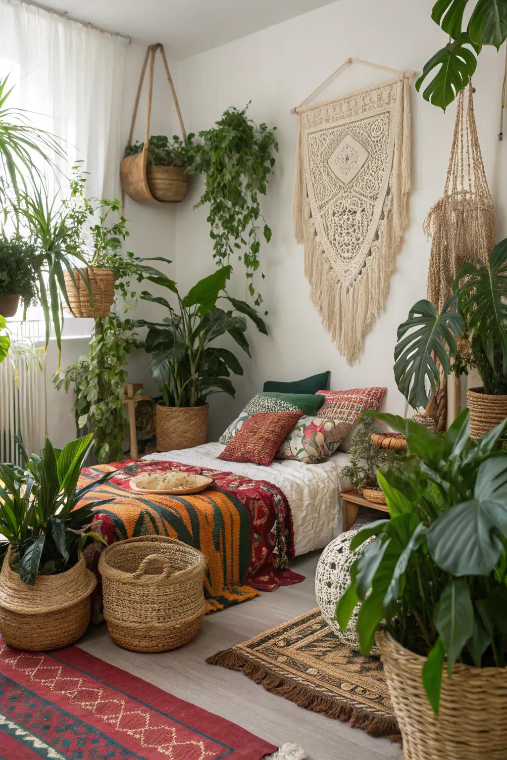 Thriving indoor plants bring dynamic energy into this bohemian bedroom.