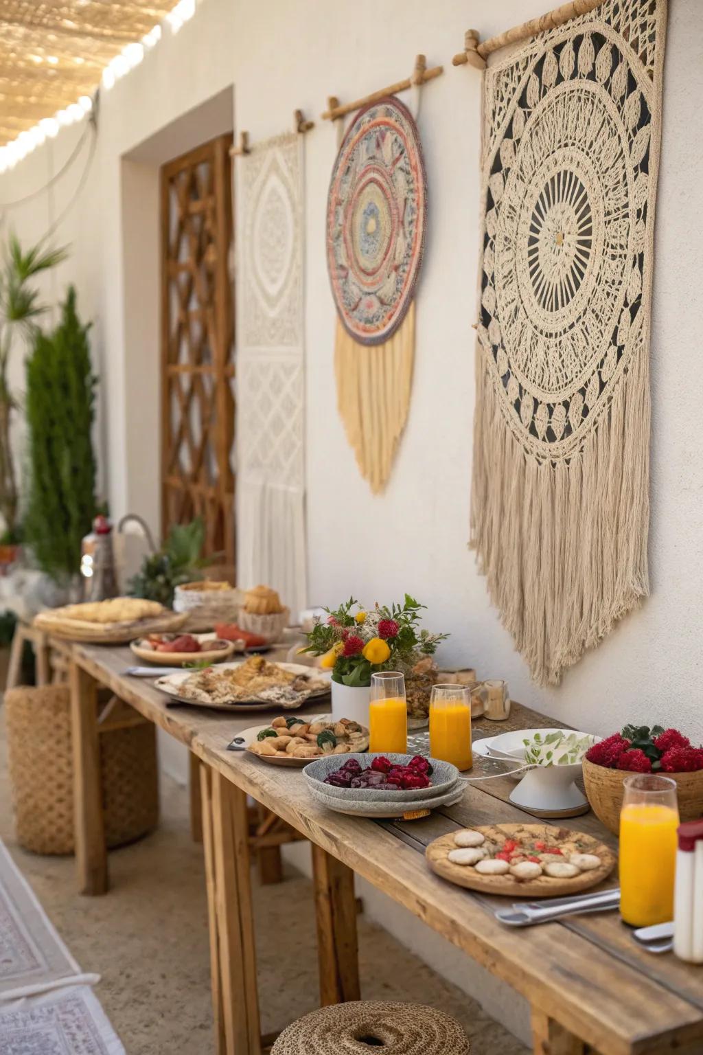 Fiber art components contribute texture and panache to this boho brunch design.