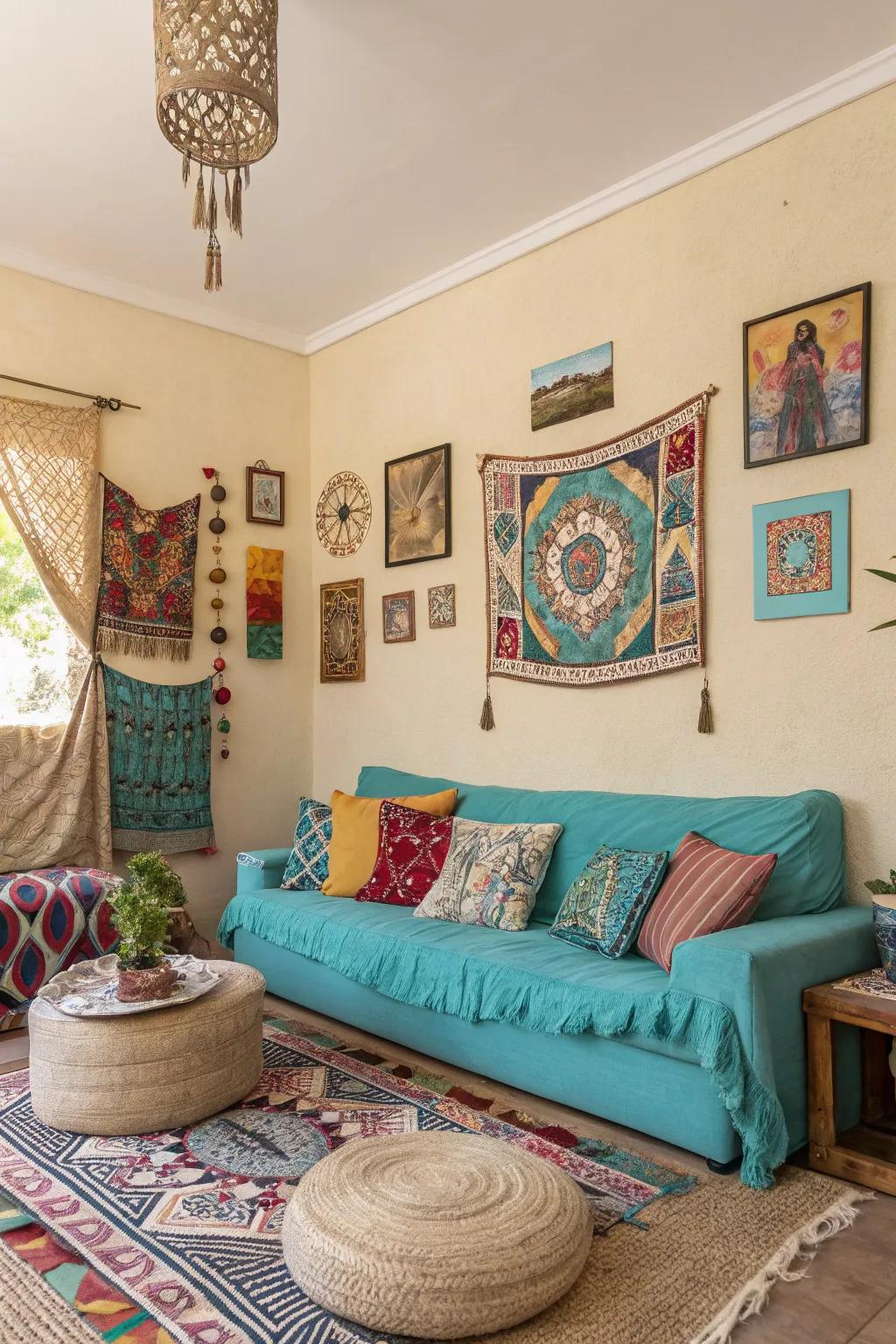 A bohemian living space featuring a lively and earthy color scheme.