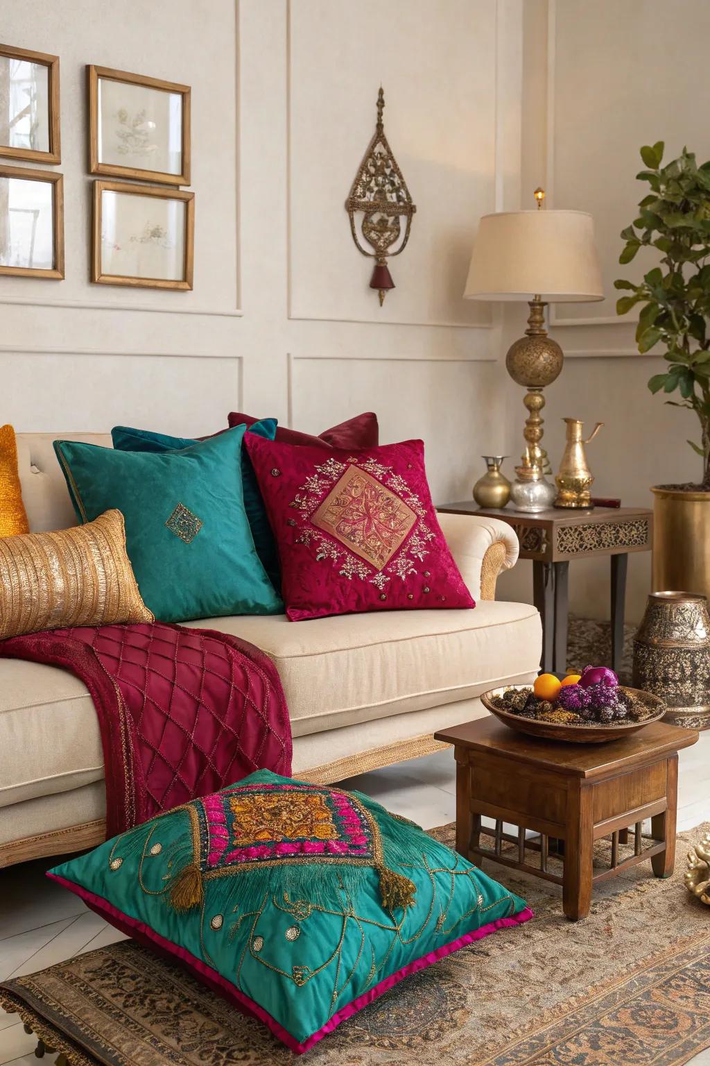 Jewel tones introduce a vibrant and opulent flair to this free-spirited glamorous setting.